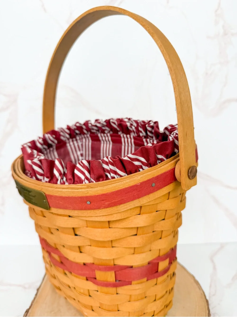 Vintage Longaberger 1998 Glad Tidings Christmas Basket with Striped Fabric Liner
